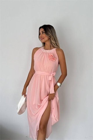 Kadın Astarlı Sıfır Kol Şifon Elbise Dpnbk2144 Pudra