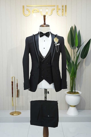 Bys Beystil Erkek Siyah Slimfit Yelekli Damatlık & Smokin 76016