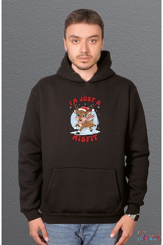 Bumeta I M Just A Misfit Yılbaşı Geyik Christmas Sweatshirt Unisex Kapüşonlu Hoodie Siyah