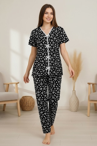 I-moda Kadın Siyah Kalp Desenli Fiyonklu Kısa Kollu Uzun Pijama Takımı