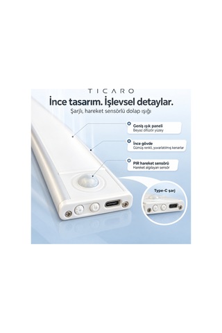 Tıcaro 40 Cm Cct Sensörlü Şarjlı Led Dolap Işığı, 80 Led, 3000 Mah, 2 Adet Gümüş