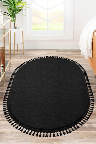 Vl Comfort Puffy Ponpon Saçak Peluş Yıkanabilir Siyah Yolluk Oval Ponpon Saçak