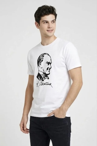 Hazego Erkek Atatürk Baskılı Tişört Kısa Kollu Bisiklet Yaka T-shirt - Beyaz