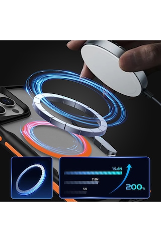 Apple iPhone 14 Pro Max Uyumlu Magsafe Şarj Özellikli Renkli Kenar Airbag Şeritli Turuncu Turuncu