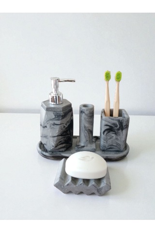 5'li Antrasit Desenli Görünümlü Banyo Seti Tuvalet Wc Sıvı Sabunluk Diş Fırçalığı Beton Antrasit Antrasit