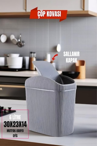 6 Lt Çöp Kovası, Mutfak, Banyo, Tuvalet, Ofis Çöp Kutusu Gri Diğer