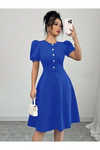 Defymoda Kadın Kısa Kollu Bisiklet Yaka Önden Düğmeli Ithal Krep Elbise Saks Mavi