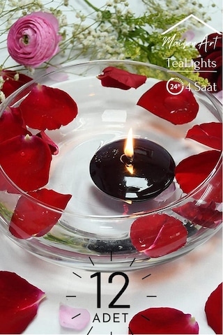 Float Siyah 12 Adet Yüzen Mum 4 Saat Yanan Tea Light Mum Kokusuz Terapi Mumu