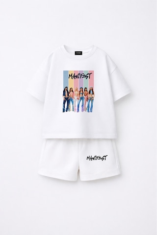 Fasardi Manifest Girls M6nifestgirls Baskılı Oversize %100 Pamuk Tişört Şort 2li Çocuk Takım Beyaz
