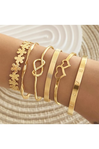 Fosenze Altın Renkli, Ayarı Uçan, Çok Katlı Stackable Bilezik Seti 6 Adet - Kalp, Düğüm, Çiçek Ve "love" Desenleriyle Zengin Tasarım Altın