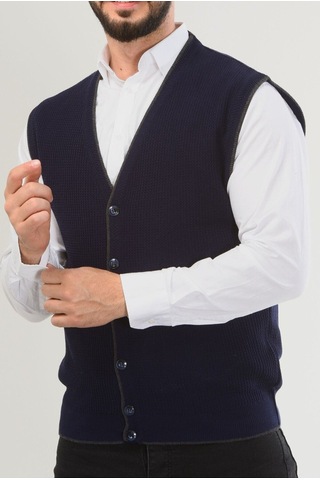 Kamalı Lacivert Erkek V Yaka Triko Düğmeli Cepli Çizgi Desenli Regular Fit Tüylenmeyen Örgü Yelek Lacivert