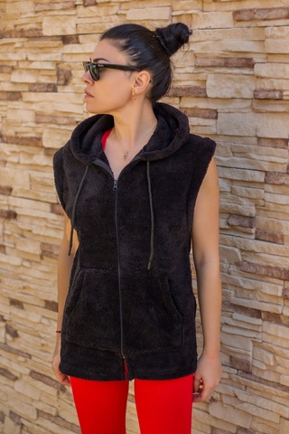 Kadın Siyah Peluş Kalın Fermuarlı Kapüşonlu Yelek 23kylkmy01 001