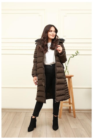 Karen Kadın Maxi Boy Fermuarlı Şişme Mont-Haki