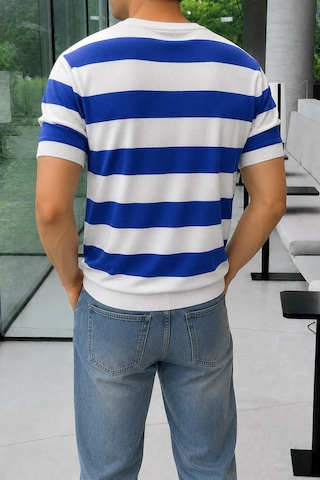 Tarz Cool Erkek Çizgili Triko Tişört Bisiklet Yaka Slim Fit Yazlık İnce Dokulu Lacivert
