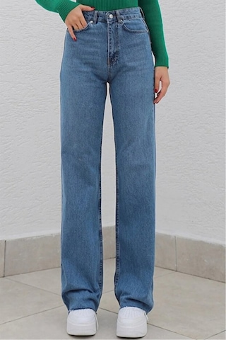 Orta Mavi Likralı Süper Yüksek Bel Salaş Jeans Palazzo Pantolon Orta Mavi