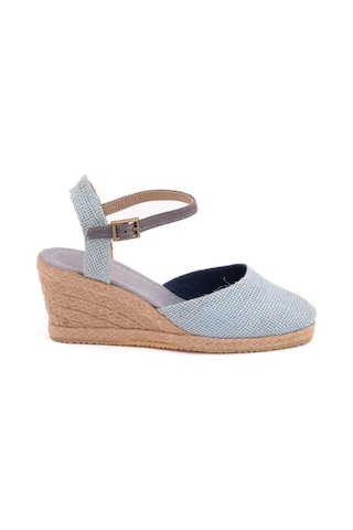 Star Tombis Gerçek Elişi Topuğu Açık Bilekten Bantlı Dolgu Topuk Keten Hasır Espadril Handmade Buz Mavi Açık Mavi
