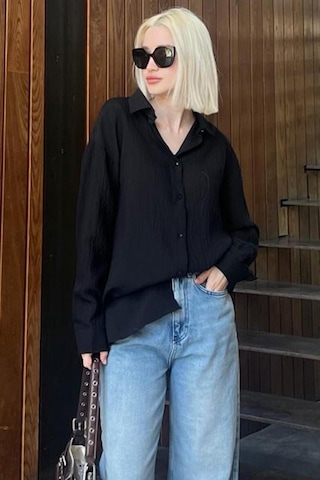 Madmext Siyah Uzun Kollu Çizgili Oversize Gömlek Mg2080-siyah Siyah