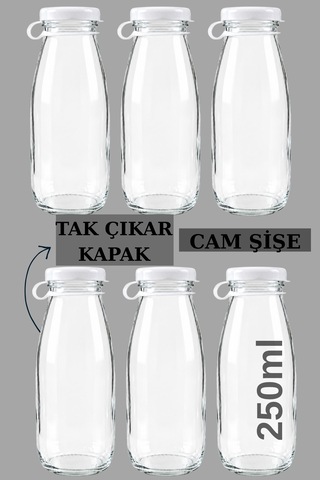 6 Adet Şeffaf Süt, Ayran, Limonata, Meşrubat Cam Şişe 250 Ml Tak Çıkar Plastik Kapaklı Şişe