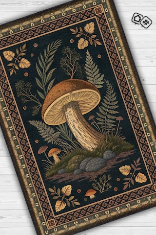 Homshtag Art Deco Mantar Desenli Halı Bitki Temalı Krem Siyah Renk Modern Dijital Baskı Çiçekli Halı Çok Renkli