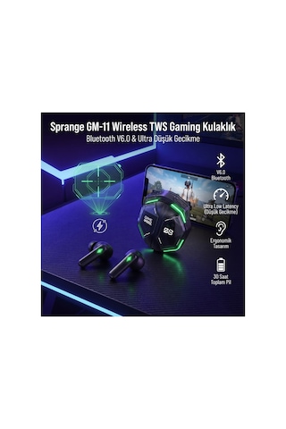 Sprange Gm-11 Bluetooth 6.0 Dijital Ekranlı Pro Oyuncu Tws Kablosuz Kulaklık Siyah