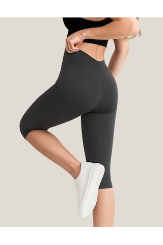 Diz Altı Kapri Tayt Yüksek Bel Likralı Parlak Dalgıç Kumaş, Antrasit Füme Antrasit