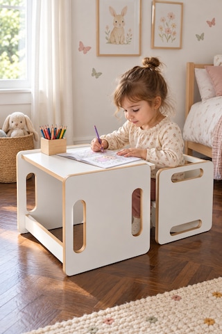 Montessori Çocuk Masa Ve Sandalye Seti Çalışma, Oyun Ve Aktivite Masası Ahşap - Beyaz