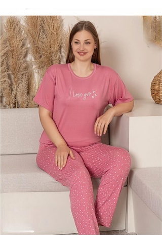 Charme Kadın Büyük Beden Bisiklet Yaka Milan Likralı Kısa Kol Pijama Takımı K601/246 - 1 Adet Pembe