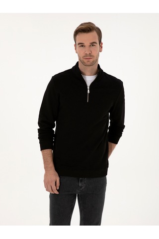 Siyah Regular Fit %100 Pamuk Yarım Fermuarlı Sweatshirt