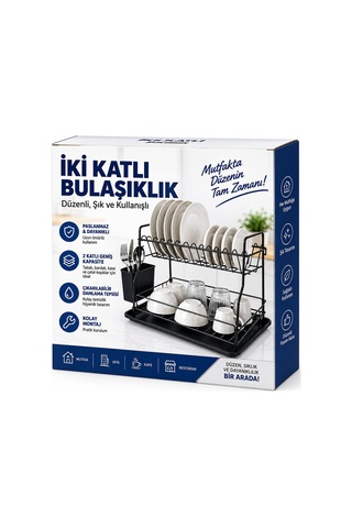 Krt Metal Tabaklık 2 Katlı Siyah Bulaşıklık