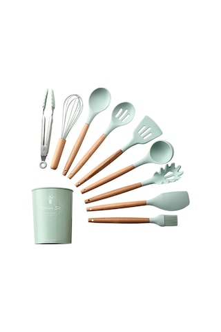 9 Parça Mutfak Aletleri Seti Silikon Mutfak Gereçleri Seti Ahşap Saplı Pişirme Seti Şef Yapışmaz Pişirme Eşyaları Mutfak Aletleri Yeşil