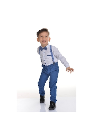 Buse&Eylül Bebe Mavi Papyonlu Pantolon Askılı Erkek Çocuk Takımı