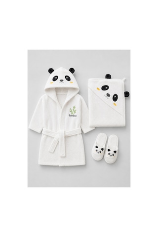 Yeni Doğan Bebek Bornoz Seti 3 Parça Panda Desenli Bambu Figürlü 0-24 Ay 0 - 24 Ay