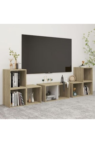 Tdesıgno Avcı Kitaplıklı Televizyon Sehpası - Ünitesi -kitaplık-beyaz 180 Cm 8 Raflı Meşe - Beyaz