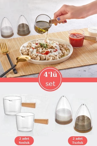 Flosoft Ahşap Detaylı 4'lü Tuzluk ve Sosluk Seti