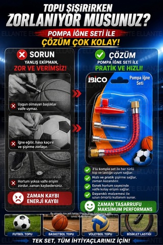 Pompa İğne Seti 3 Parça Top Şişirme İğnesi Adaptör Ve Esnek Hortum Seti