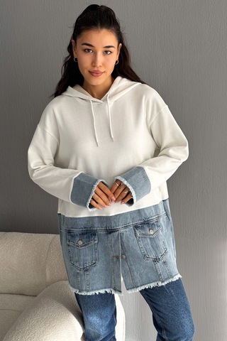 Femelle Kadın Kapüşonlu Kot Denim Detaylı Düğmeli Tasarım Sweatshirt beyaz