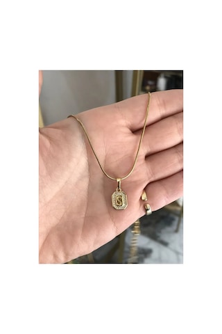 Vintage Taş Detaylı Harf Kolye Çelik S Harfi Altın