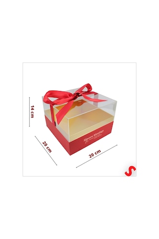 Pleksi Kapaklı Fiyonklu Karton Kutu, 20 X 20 X 14cm - Kırmızı