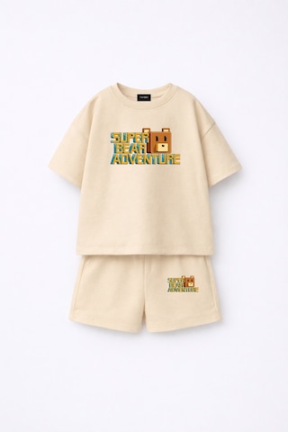 Fasardi Super Bear Adventure Süper Ayı Baskılı Oversize %100 Pamuk Tişört Şort 2li Çocuk Takım Bej