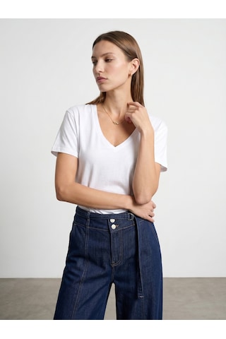 Dilvin 32847 Lyocell Karışımlı V Yaka T-shirt-beyaz
