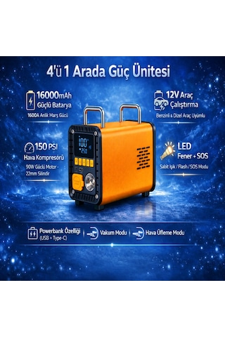 12v 1600a Akü Takviye Cihazı 150 Psı Dijital Kompresörlü Taşınabilir Güç İstasyonu