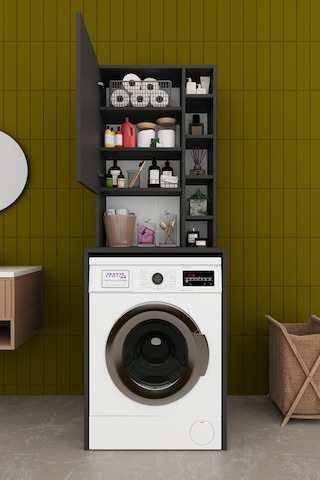 Asra Trend Çamaşır Makinesi Üstü Banyo Dolabı BD-02 %100 MDF Kapaklı Organizer Raf Antrasit
