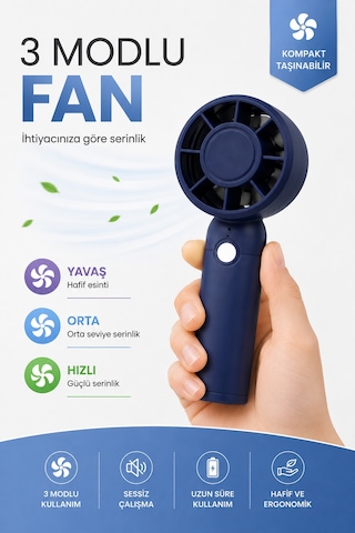 Turbo 3 Mod Şarjlı El Fanı 3 Kademe Seyahat Masaüstü Vantilatör Taşınabilir Mini Fan Mavi F130