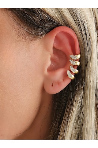 Eva Takı Store Dalga Model Zirkon Taşlı Deliksiz Kıkırdak Küpe Altın