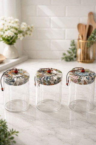 Qerhome 3'lü Borosilikat Cam Etnik Desenli Kumaaş Kapaklı Kavanoz Seti 500 Ml Şeffaf