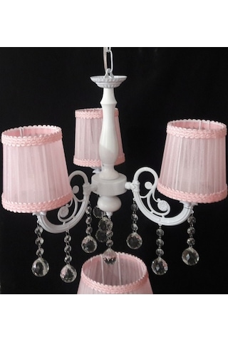 Pembe Çocuk Odası Taşlı 3 Kollu Avize Abajur Seti
