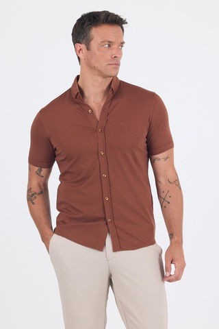 İmza Kiremit İtalyan Düğmeli Yaka Kısa Kol Cepsiz Slim Fit Gömlek 1004250255 Kiremit