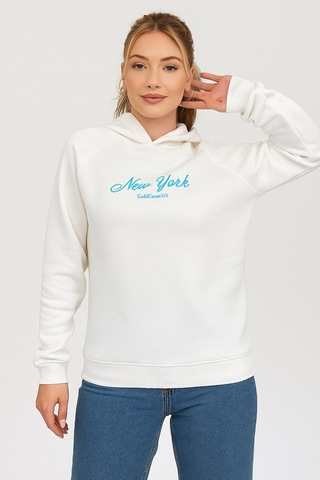 Kadın Kapşonlu Nakışlı Beyaz Sweatshirt Ekru