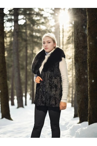Kadın Kolsuz Hakiki Kürk - Siyah Kahve