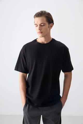 Siyah %100 Pamuk Kalın Yumuşak Dokulu Oversize Fit Basic Erkek T-shirt - 88353 Siyah